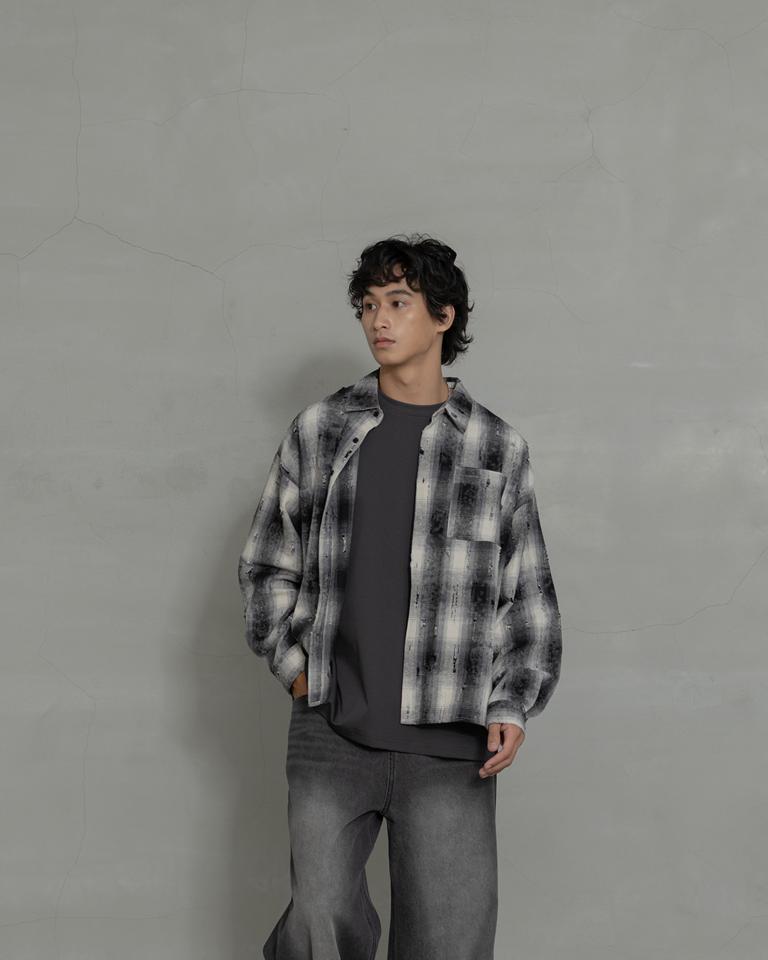 Men's casual distressed plaid shirt - black style, M/L【01025876】in stock+pre-order