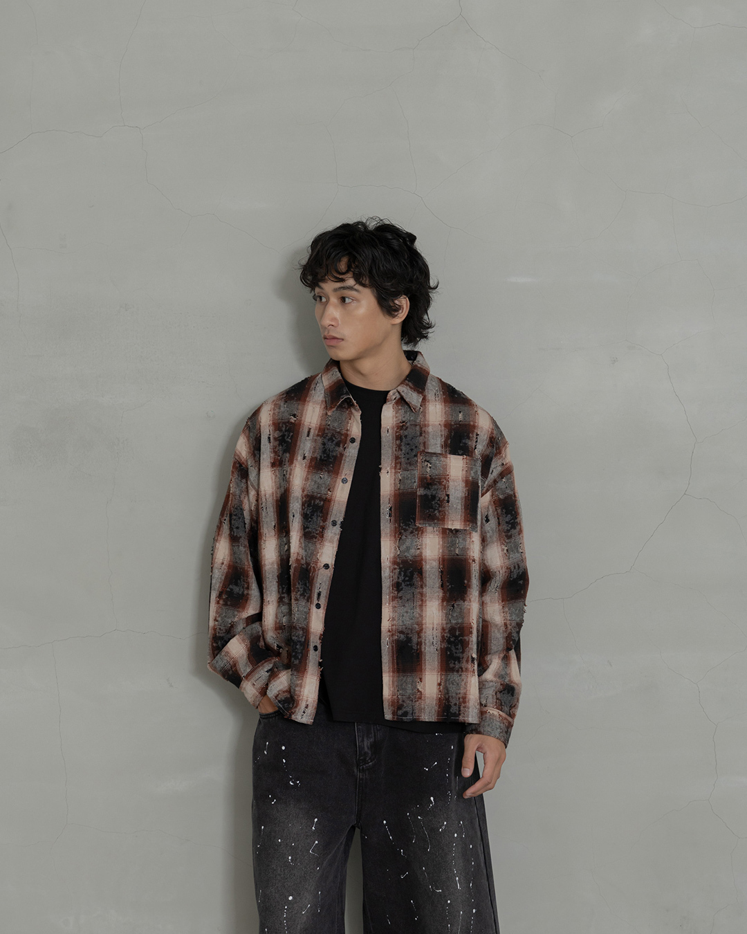Men's casual distressed plaid shirt - red style, M/L【01025877】in stock+pre-order