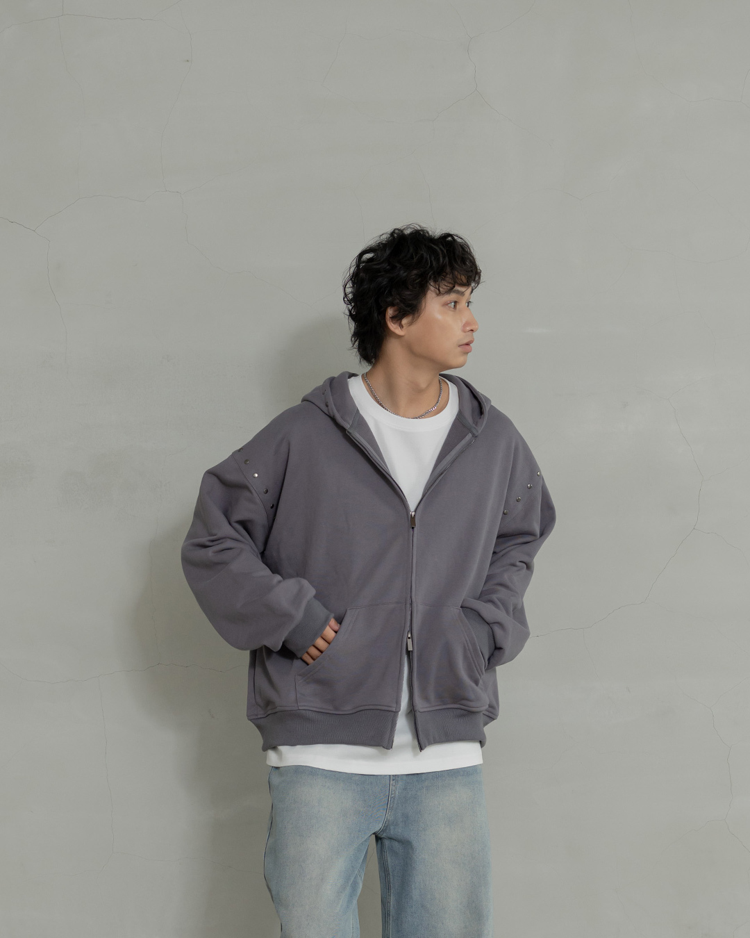 Men's Hooded Jacket with Large Pockets and Metal Rivet Button Decoration - Dark Grey M/L【02071747】in stock+pre-order