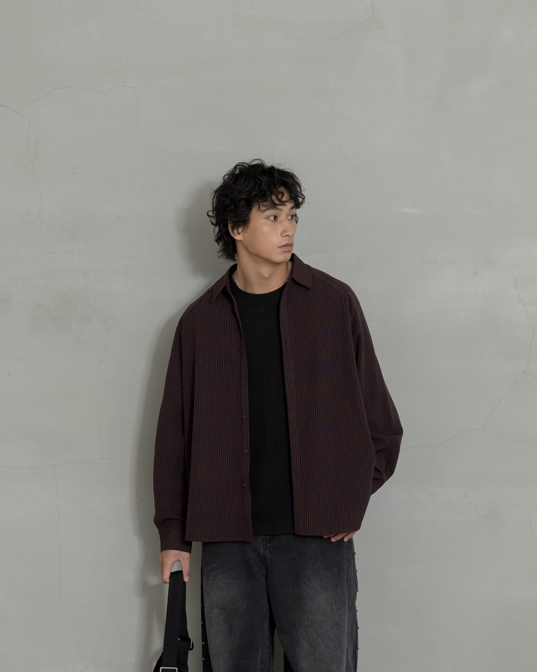 Men's Minimalist Striped Oversized Shirt - Brown (M/L/XL)【01025882】in stock+pre-order