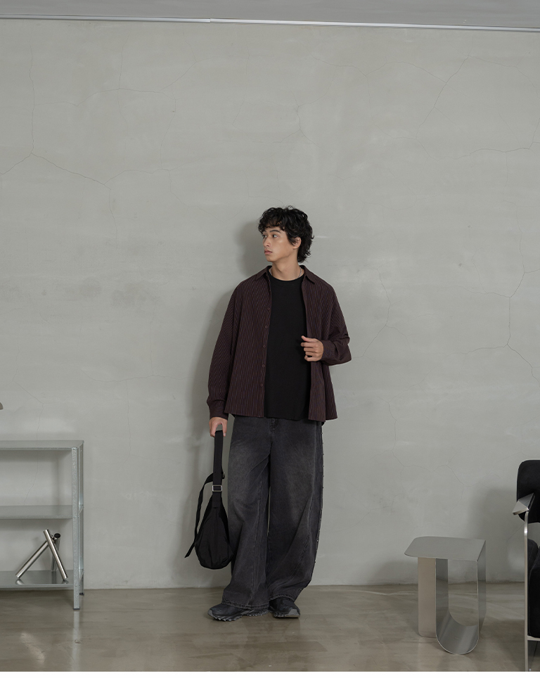 Men's Minimalist Striped Oversized Shirt - Brown (M/L/XL)【01025882】in stock+pre-order