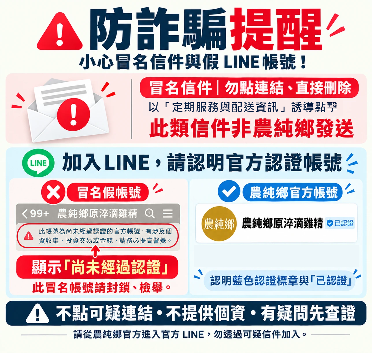農純鄉防詐騙提醒：留意冒名信件與假冒 LINE 帳號（@366yqivu），請透過官網提供的官方管道查證，勿點擊不明連結或提供付款資訊。