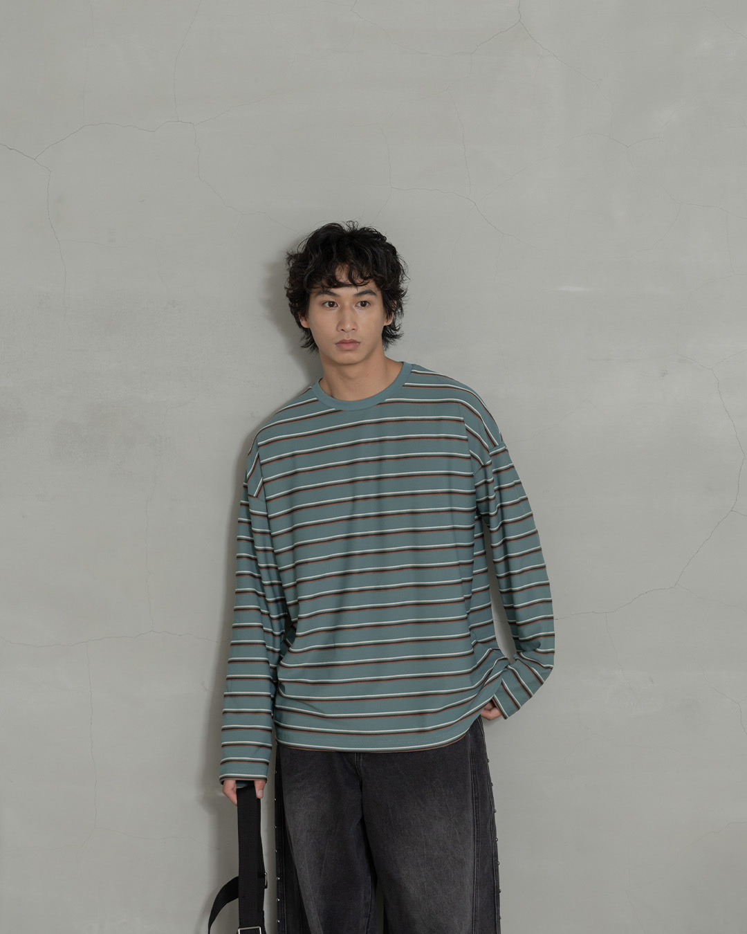 Men's Textured Stripe Oversized Long-Sleeve Top - Green (M/L/XL)【01099902】in stock+pre-order