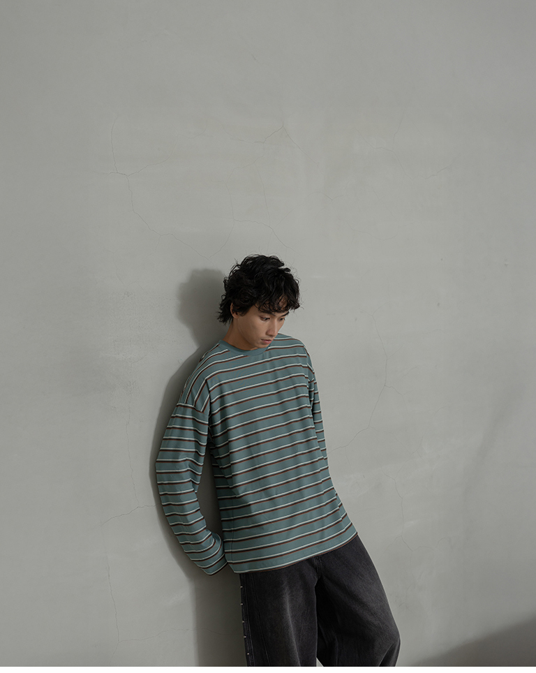 Men's Textured Stripe Oversized Long-Sleeve Top - Green (M/L/XL)【01099902】in stock+pre-order