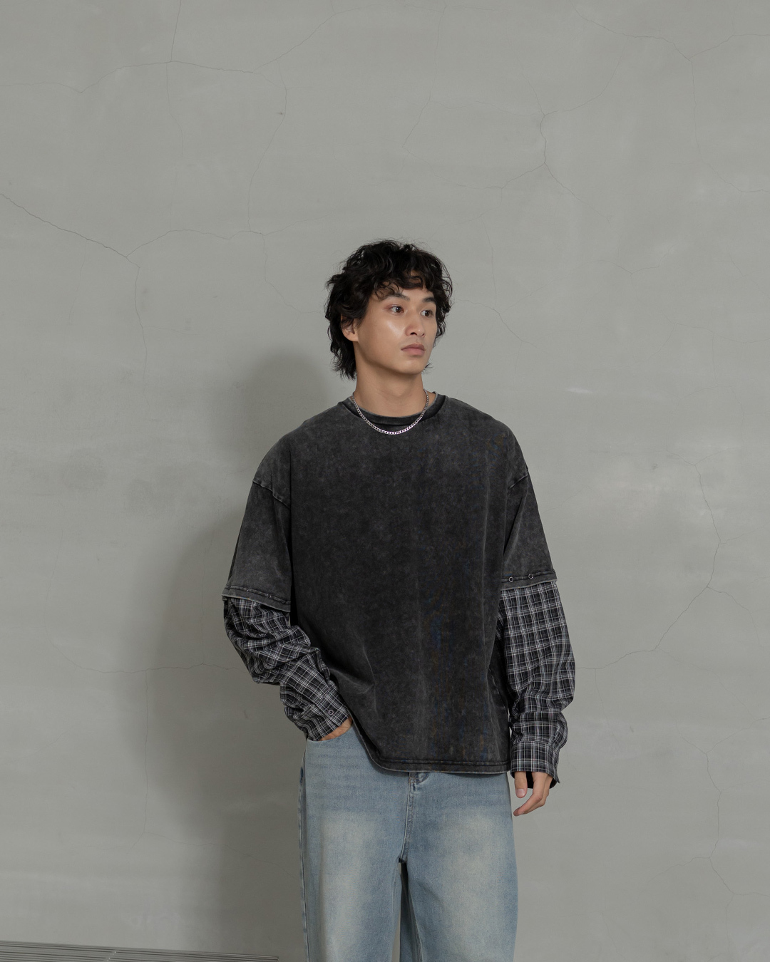 Men's Detachable Plaid Shirt Sleeve Washed Wide-Leg Top M/L【01200116】in stock+pre-order