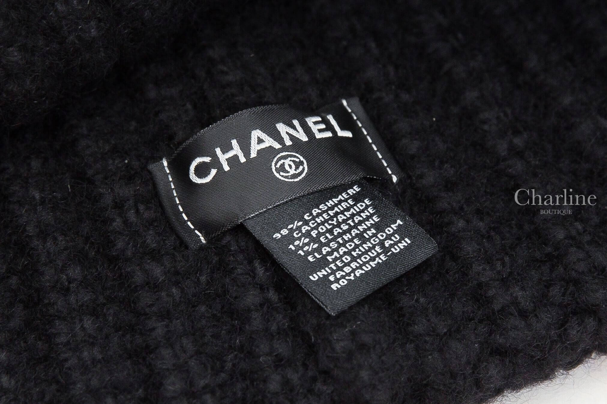 1. Chanel Beanie 黑色針織白色/紅色/黑色方框白CC喀什米爾毛帽 CHANEL品牌標籤與喀什米爾材質標示近拍