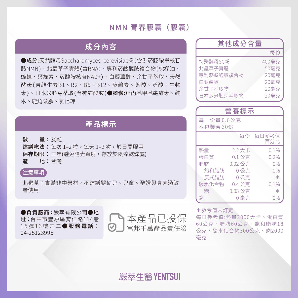 嚴萃生醫NMN青春膠囊成分表