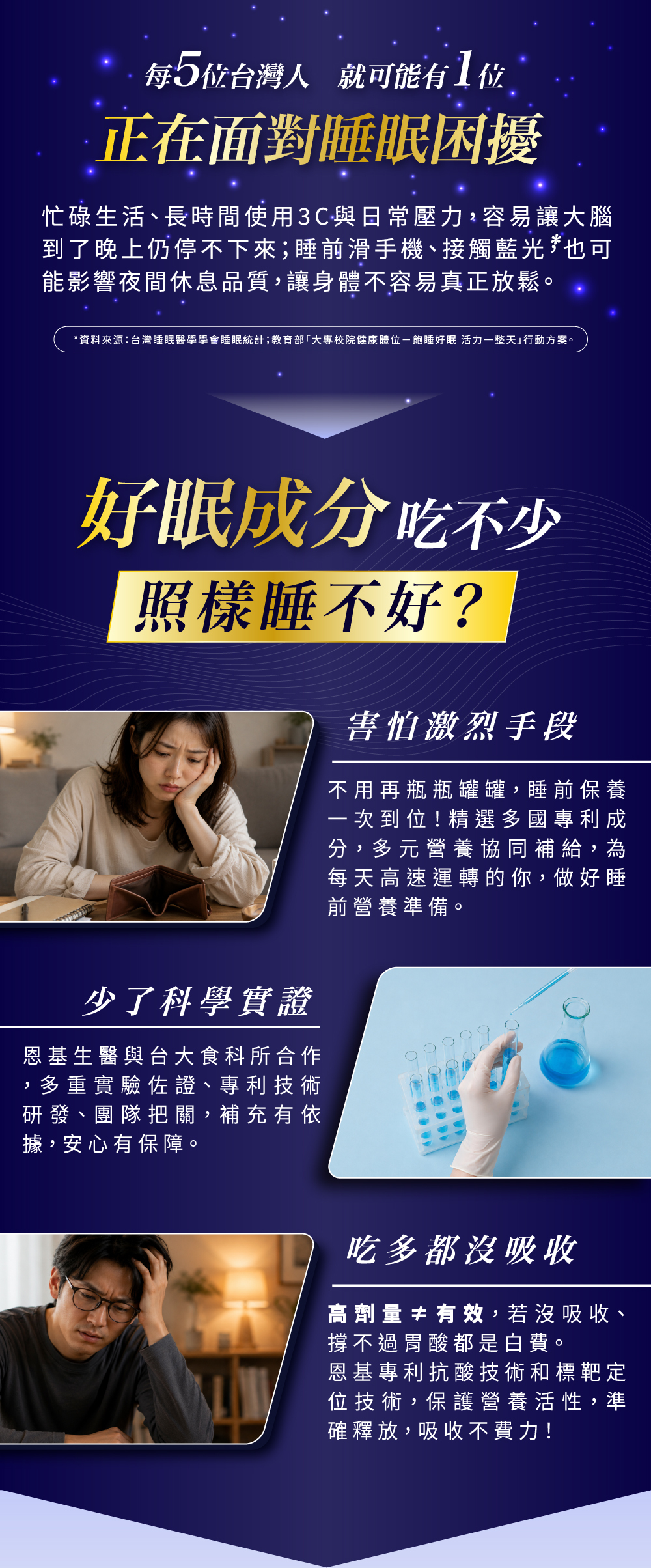 失眠保健食品有GABA、芝麻素、海藻鈣的幫助，仍需要恩基生醫的Next IgY蛋黃粉獨家吸收技術，12大壞菌抗體幫助消化道菌相平衡，讓好菌順利生長才能幫助營養好好吸收