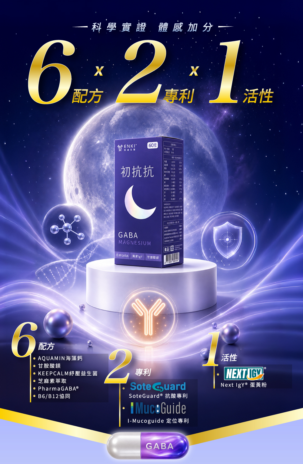 初抗抗GABA鎂益夜添加Next IgY12大壞菌抗體，打造消化道平衡與降低壞菌阻礙吸收，另添加gaba、甘胺酸鎂、海藻鈣、KEEPCALM紓壓益生菌、芝麻素、維生素b6b12，每天兩顆輕鬆入眠。