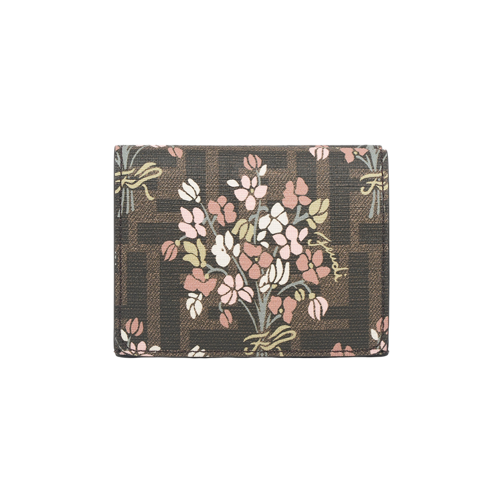 【Fendi】FF Logo 花卉圖案帆布釦式三折短夾(棕色)