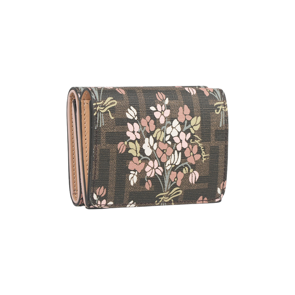 【Fendi】FF Logo 花卉圖案帆布釦式三折短夾(棕色)