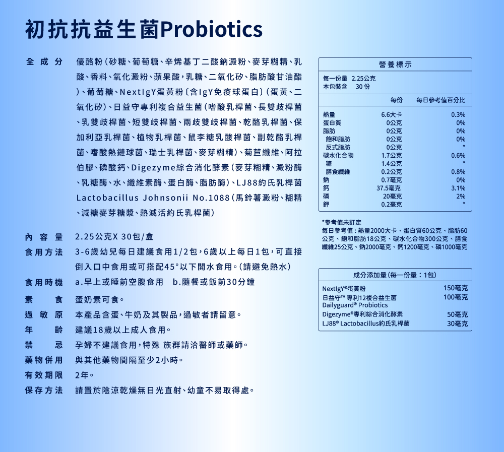 初抗抗益生菌益到位的產品規格，內容物30包一盒，食用方式每日一次，可選擇早上或睡前空腹食用；隨餐或飯前30分鐘，搭配冷溫開水食用。
