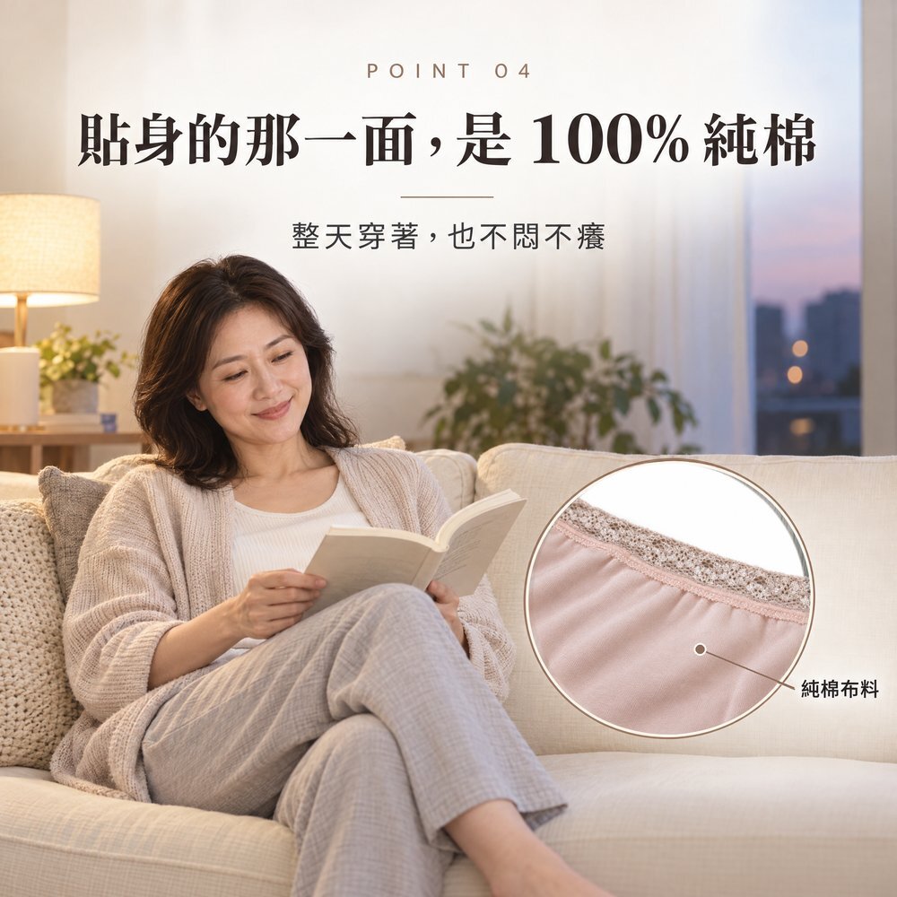 貼身的那一面,是 100% 純棉 女性坐在沙發上看書,30cc 女用防漏尿內褲貼身面為 100% 純棉布料,整天穿著不悶不癢。