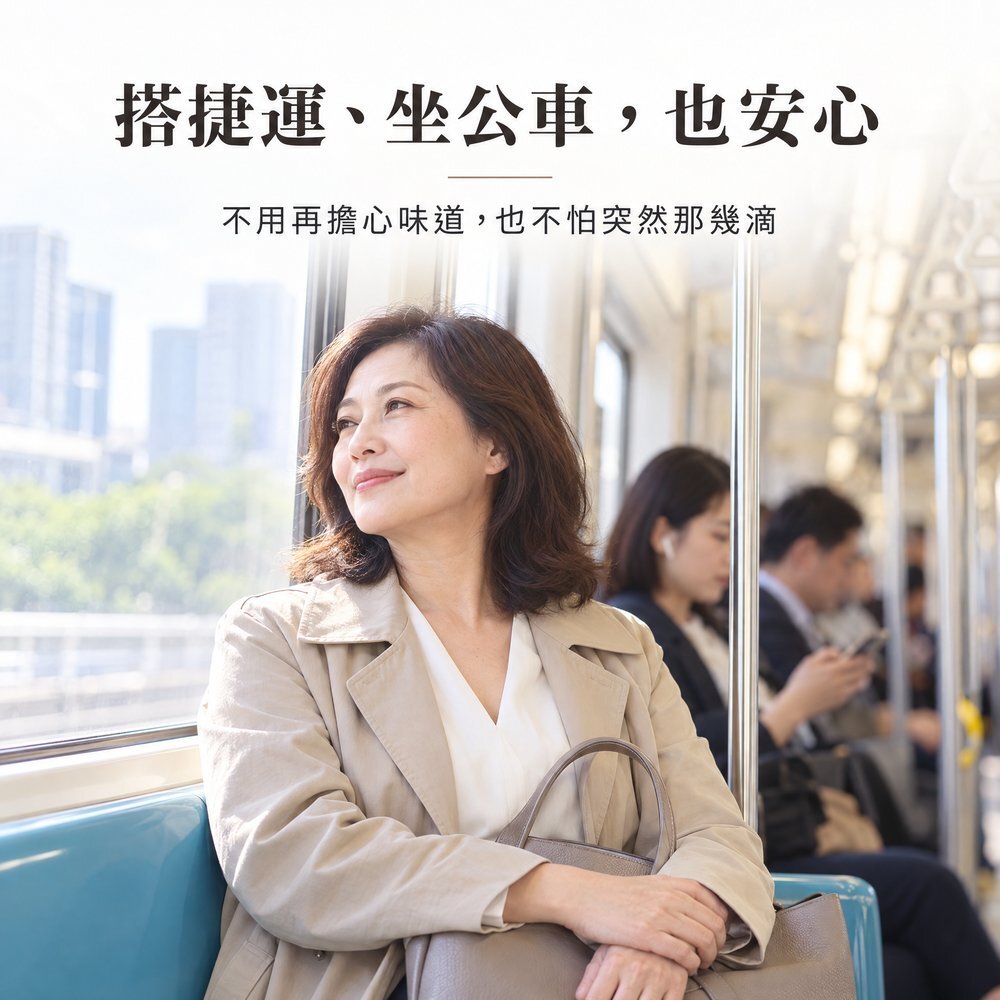 搭捷運、坐公車,也安心 女性坐在捷運車廂微笑看窗外,穿 30cc 防漏尿內褲不用擔心味道,也不怕突然那幾滴。