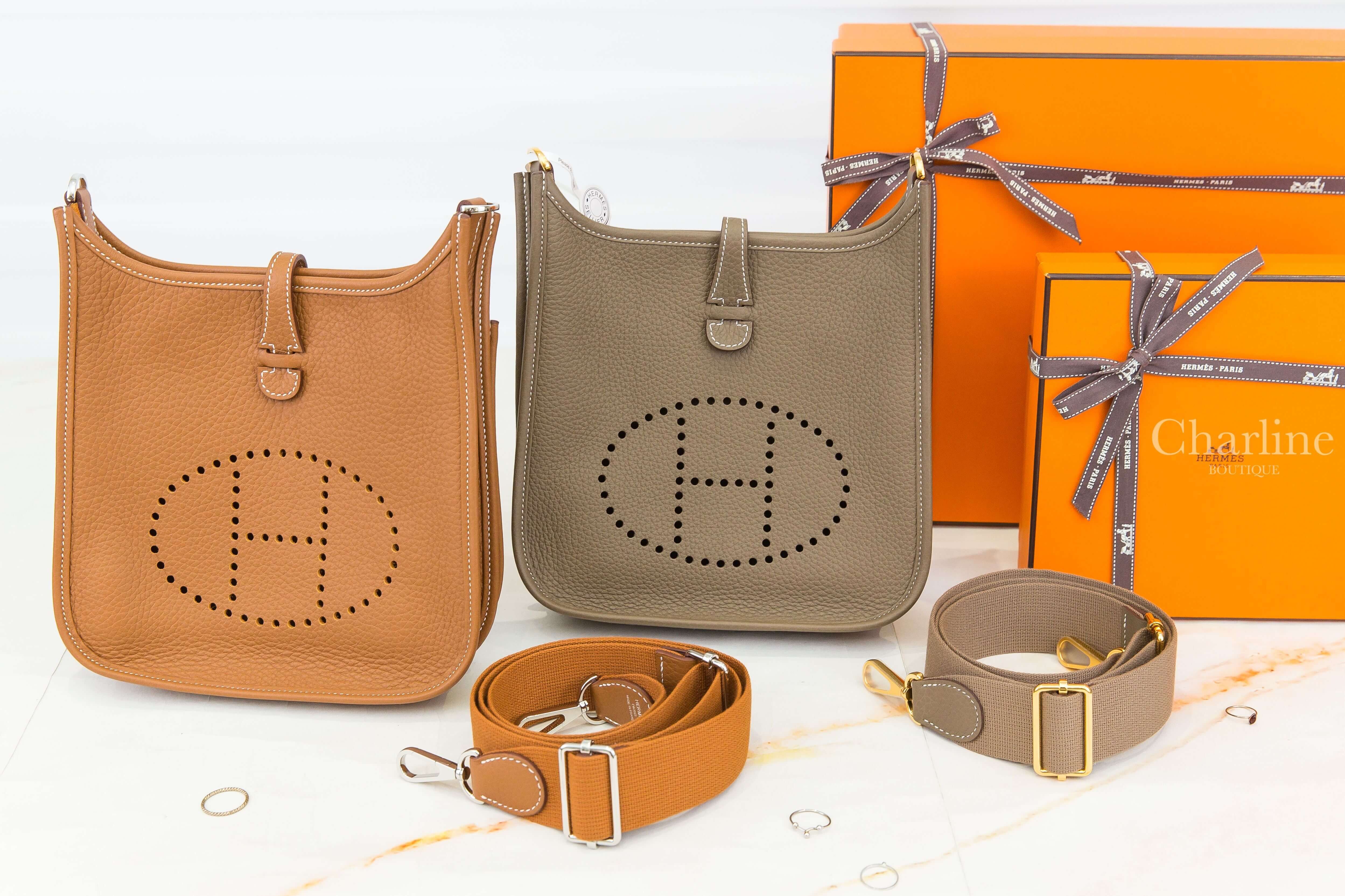 Hermès Evelyne 23cm Poche III Bag 37 Gold Taurillon Clemence 焦糖色銀釦簍空洞洞肩背包 與大象灰Evelyne 23cm配色比較