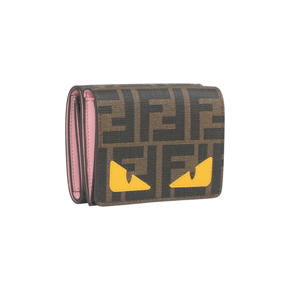 【Fendi】FF Logo Monster 怪獸眼睛釦式三折短夾(棕色/粉色)
