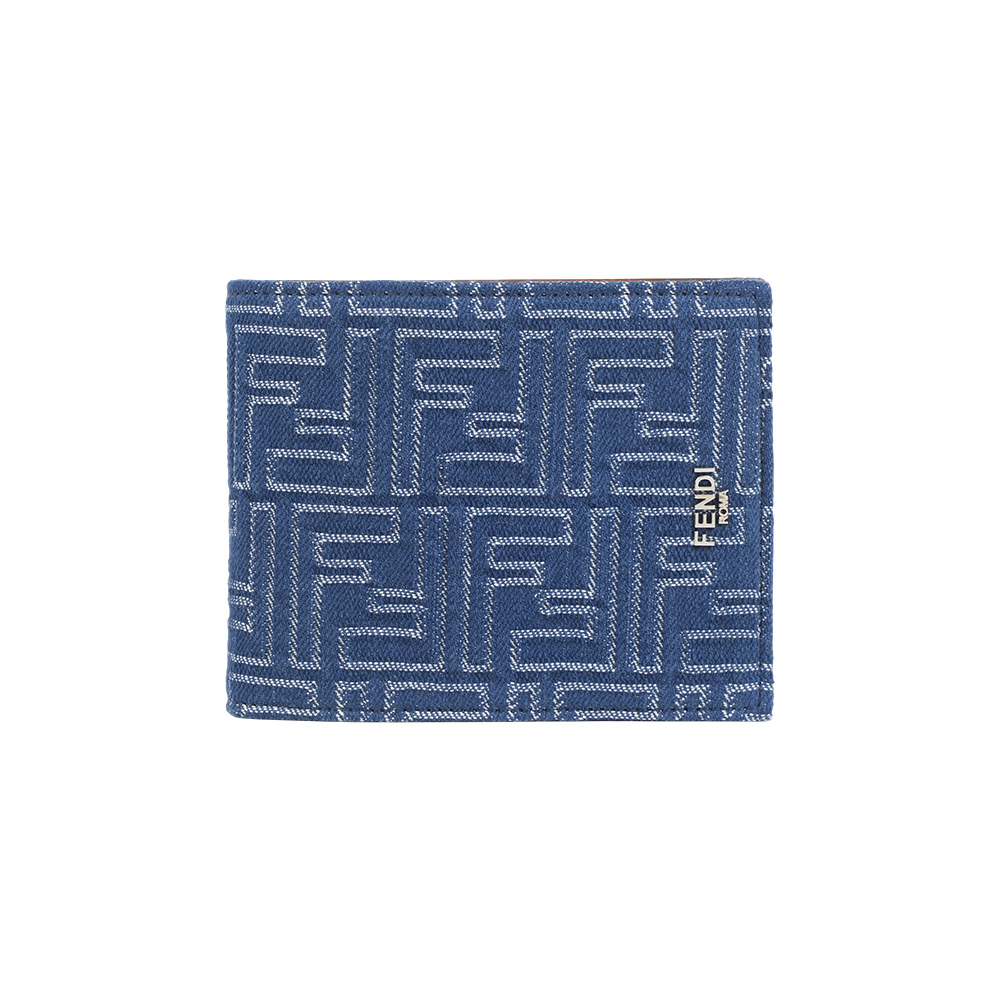 【Fendi】FF Logo 棉質牛仔布及皮革對開零錢袋短夾(單寧藍)