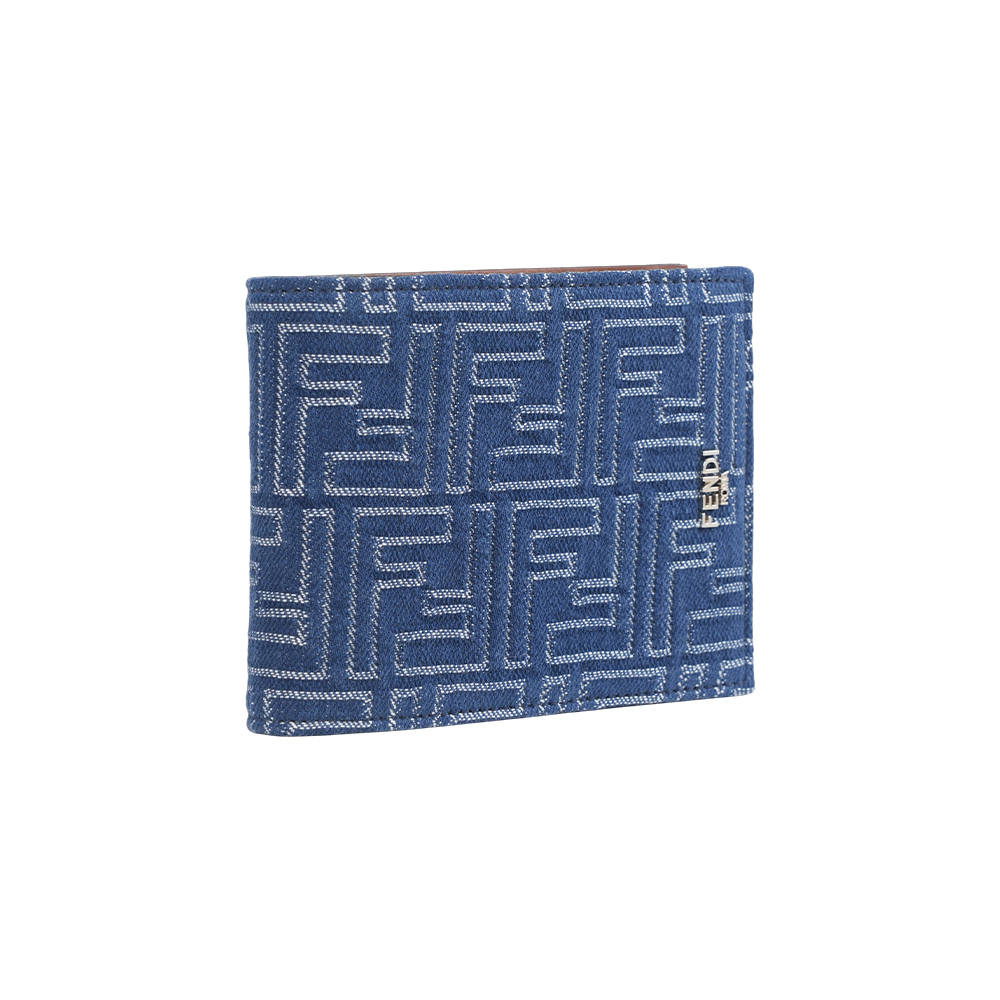 【Fendi】FF Logo 棉質牛仔布及皮革對開零錢袋短夾(單寧藍)