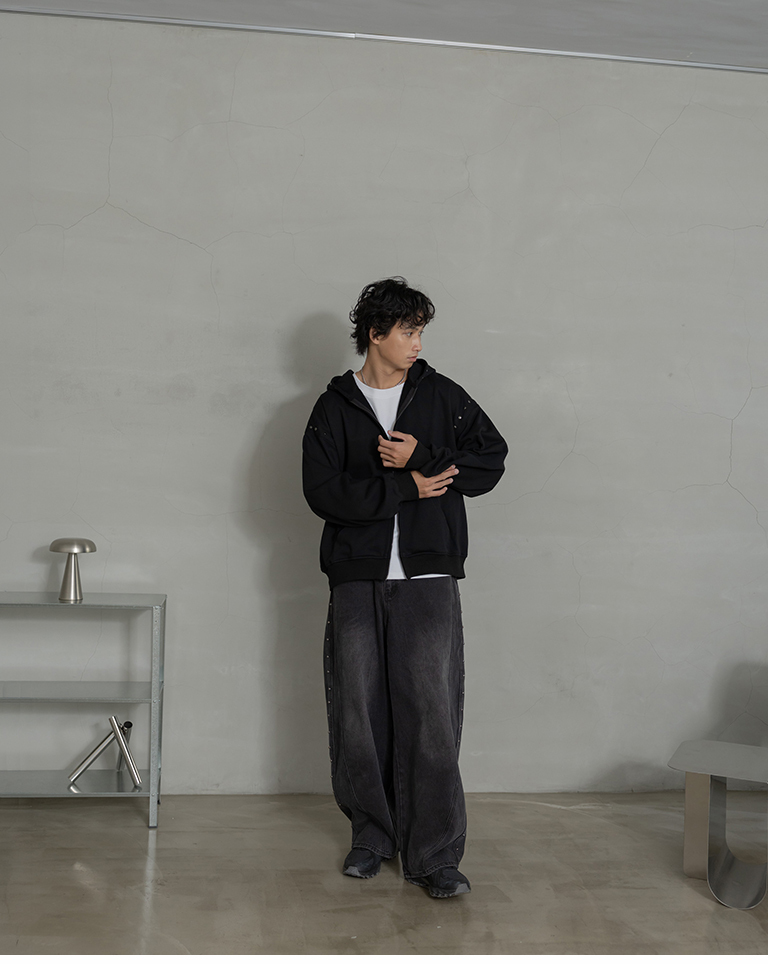 Men's Hooded Jacket with Large Pockets and Metal Rivet Button Decoration - Black M/L【02071746】in stock+pre-order