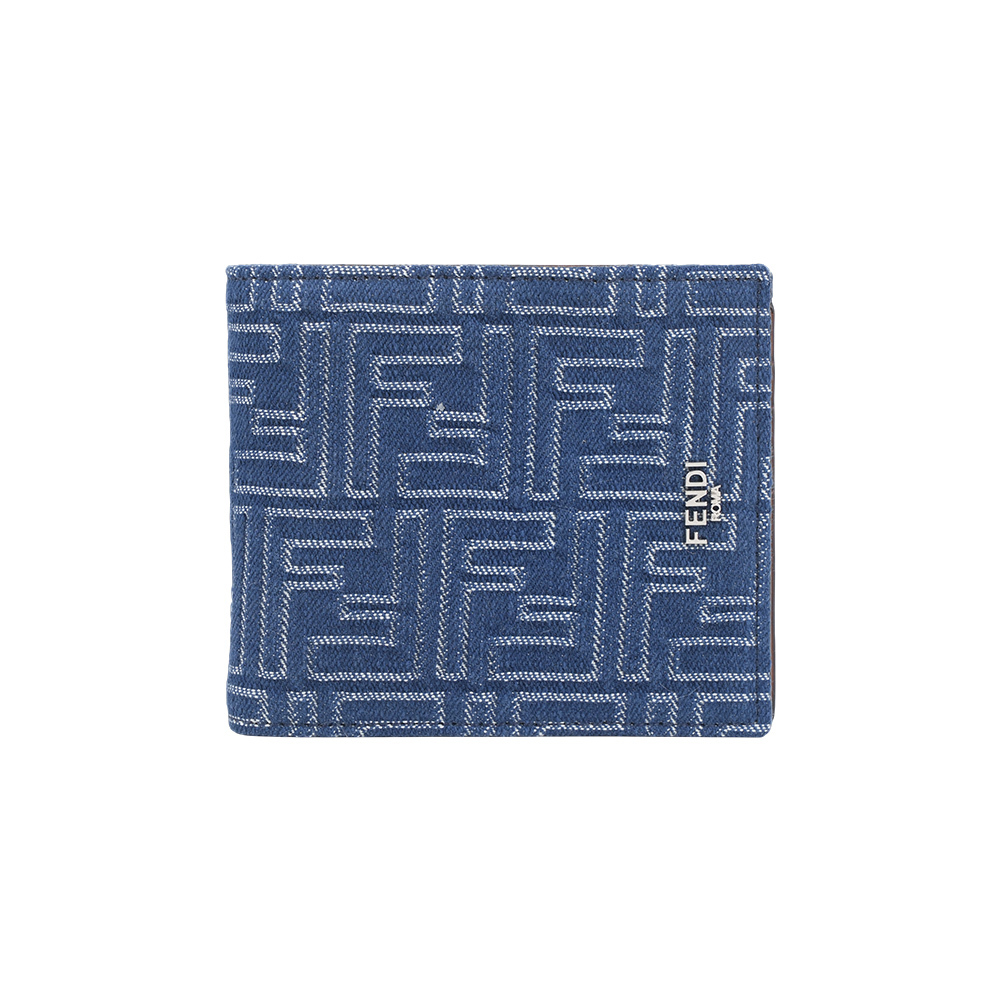 【Fendi】FF Logo 棉質牛仔布及皮革對開8卡短夾(單寧藍)