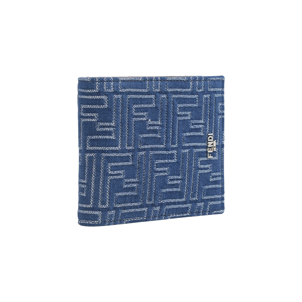【Fendi】FF Logo 棉質牛仔布及皮革對開8卡短夾(單寧藍)