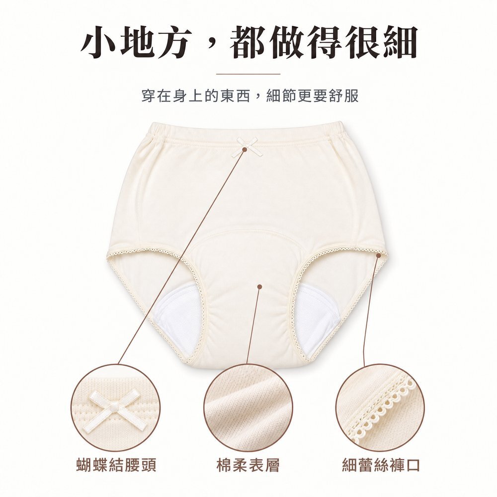小地方,都做得很細 100cc 女用防漏尿內褲細節特寫:蝴蝶結腰頭、棉柔表層、細蕾絲褲口。