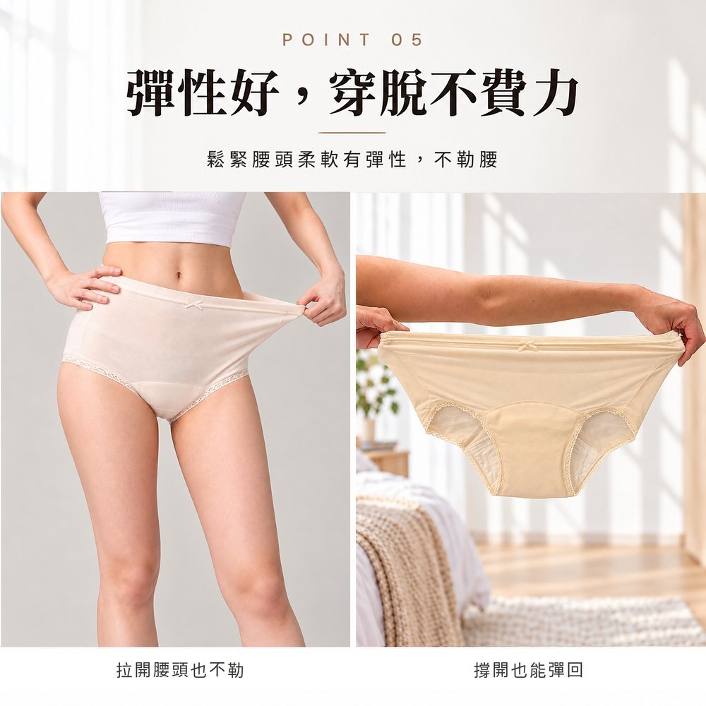 彈性好,穿脫不費力 女性拉開防漏尿內褲腰頭示範彈性,鬆緊腰頭柔軟有彈性不勒腰;右圖為內褲撐開也能彈回。