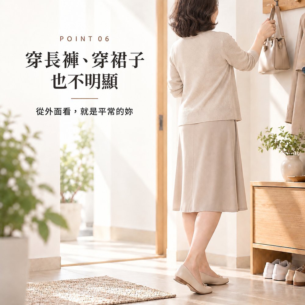 穿長褲、穿裙子,也不明顯 熟齡女性穿裙子在玄關準備出門,穿著 100cc 防漏尿內褲從外面看不出來,就是平常的自己。