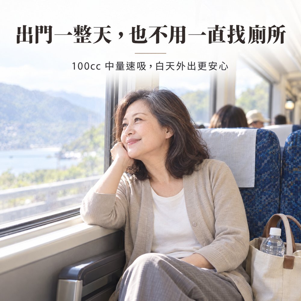 出門一整天,也不用一直找廁所 熟齡女性搭火車望向窗外微笑,100cc 中量速吸防漏尿內褲,白天外出一整天更安心。