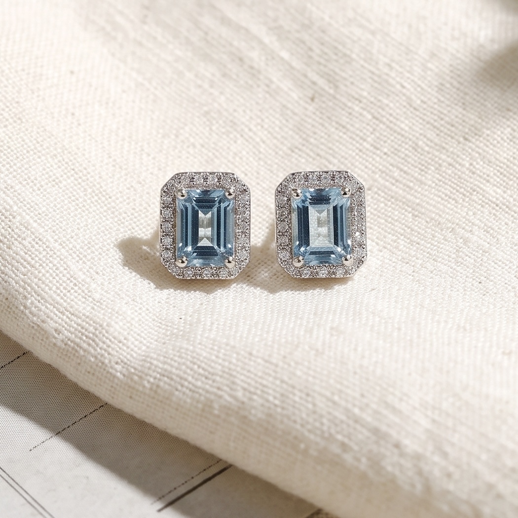 18K金Emerald Cut 海藍寶石鑽石耳環 - 超級聖瑪利亞藍
