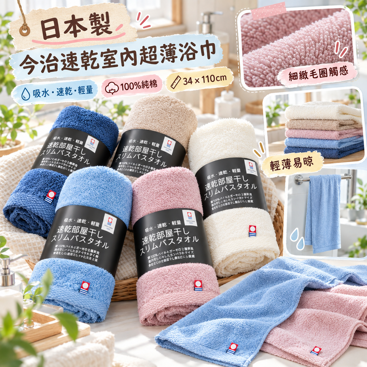 【預訂】AB100501 日本製｜今治速乾室內超薄浴巾｜約34×110cm｜顏色隨機