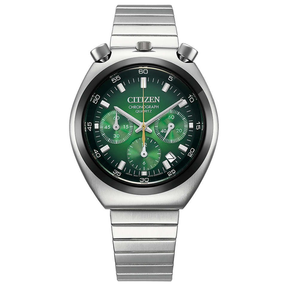 星辰 Citizen Tsuno Chrono quartz chronograph AN3714-50H 灰色錶盤 AN3714-68L 藍色錶盤 AN3714-76W 綠色錶盤 ,AN3714-84Z 紅色錶盤  配備直徑 38 毫米、厚度 11.7 毫米的不鏽鋼錶殼，並搭載 0510 石英計時機芯手錶