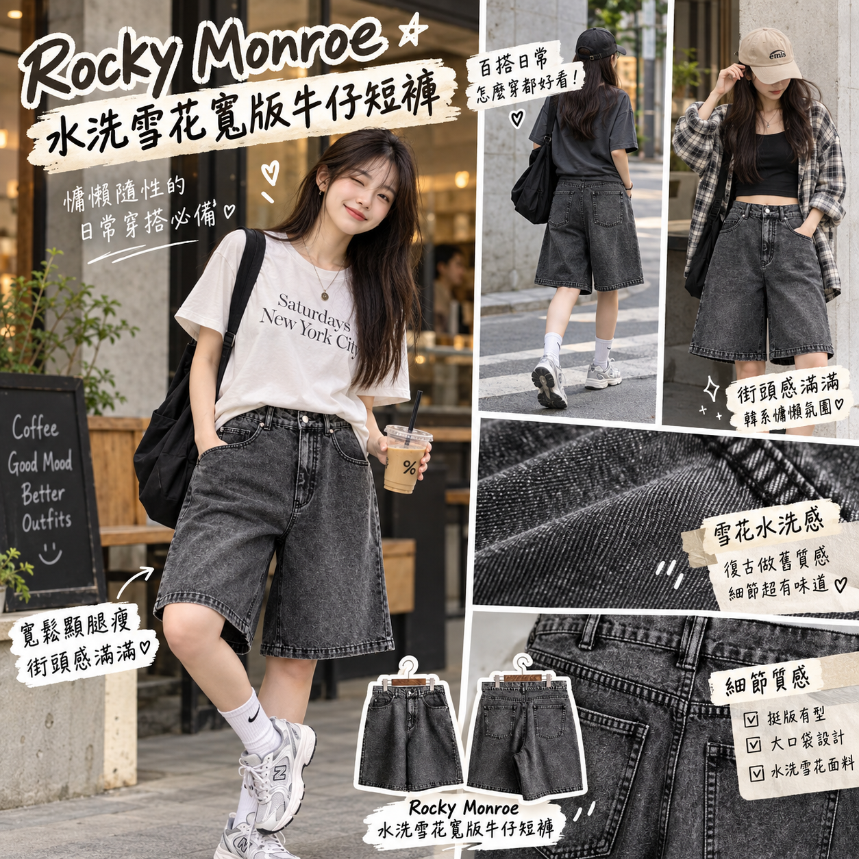 【預購】JM100514 Rocky Monroe 水洗雪花寬版牛仔短褲
