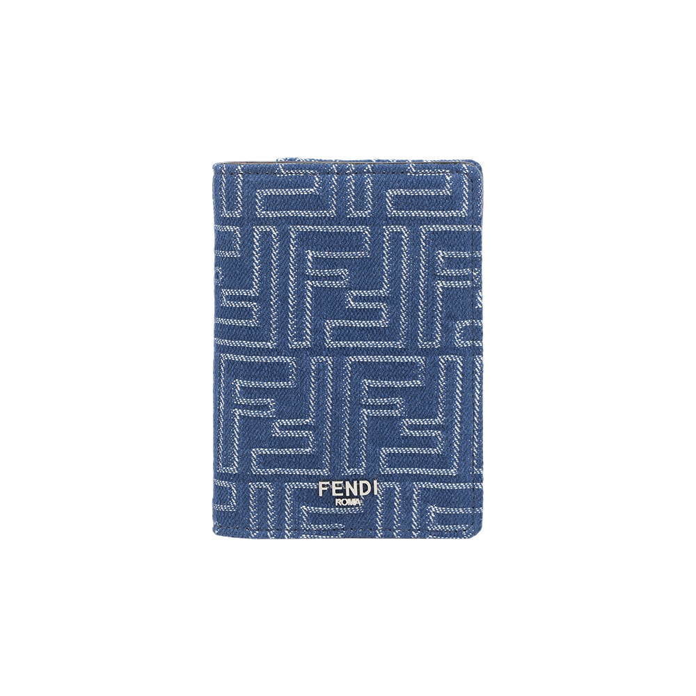 【Fendi】FF Logo 棉質牛仔布及皮革二折卡片夾/名片夾(單寧藍)