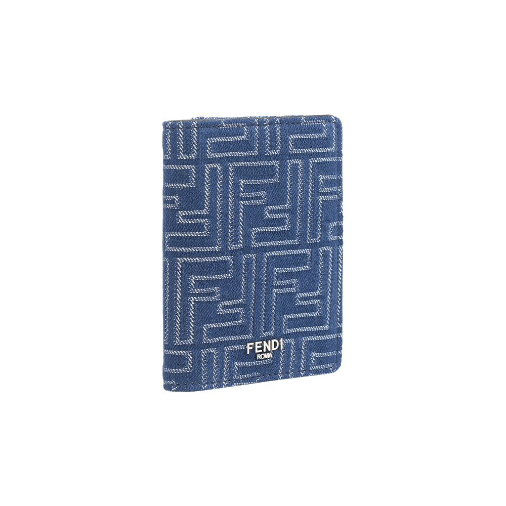 【Fendi】FF Logo 棉質牛仔布及皮革二折卡片夾/名片夾(單寧藍)