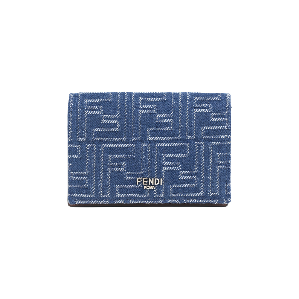 【Fendi】FF Logo 棉質牛仔布及皮革對開厚款卡片夾/名片夾(單寧藍)