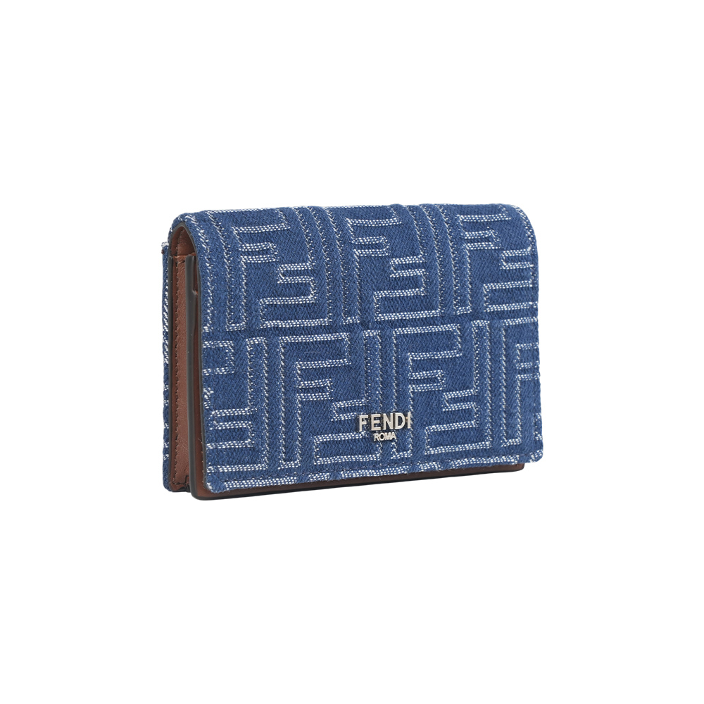 【Fendi】FF Logo 棉質牛仔布及皮革對開厚款卡片夾/名片夾(單寧藍)
