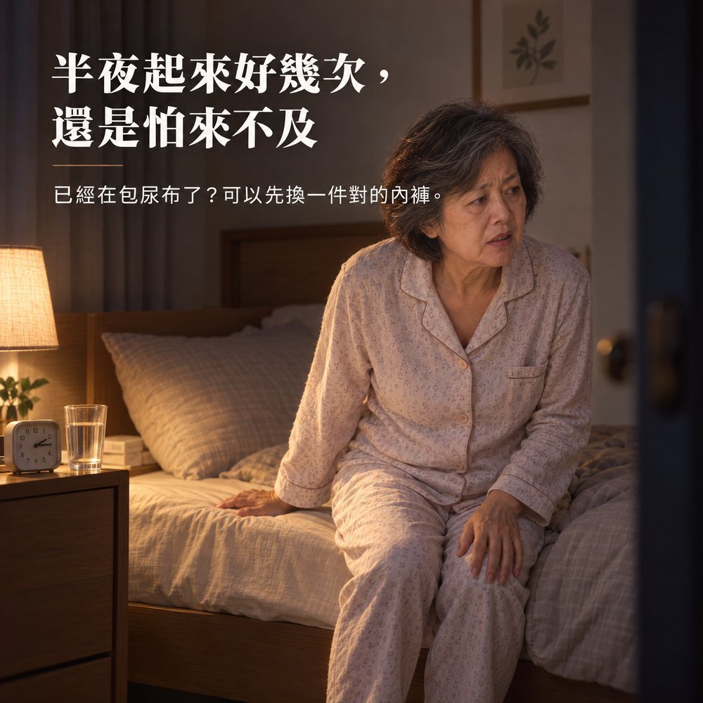 熟齡女性穿睡衣半夜坐在床邊，夜裡要起來好幾次還是怕來不及；已經在包尿布了，可以先換一件對的內褲：IOHS 十分幸福 300cc 女用防漏尿內褲。
