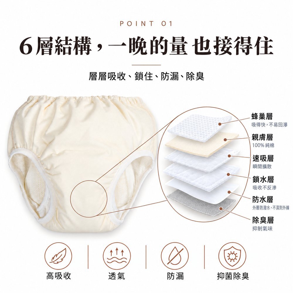 300cc 女用防漏尿內褲 6 層結構圖：蜂巢層、100% 純棉親膚層、速吸層、鎖水層、防水層、除臭層，層層吸收、鎖住、防漏、除臭。