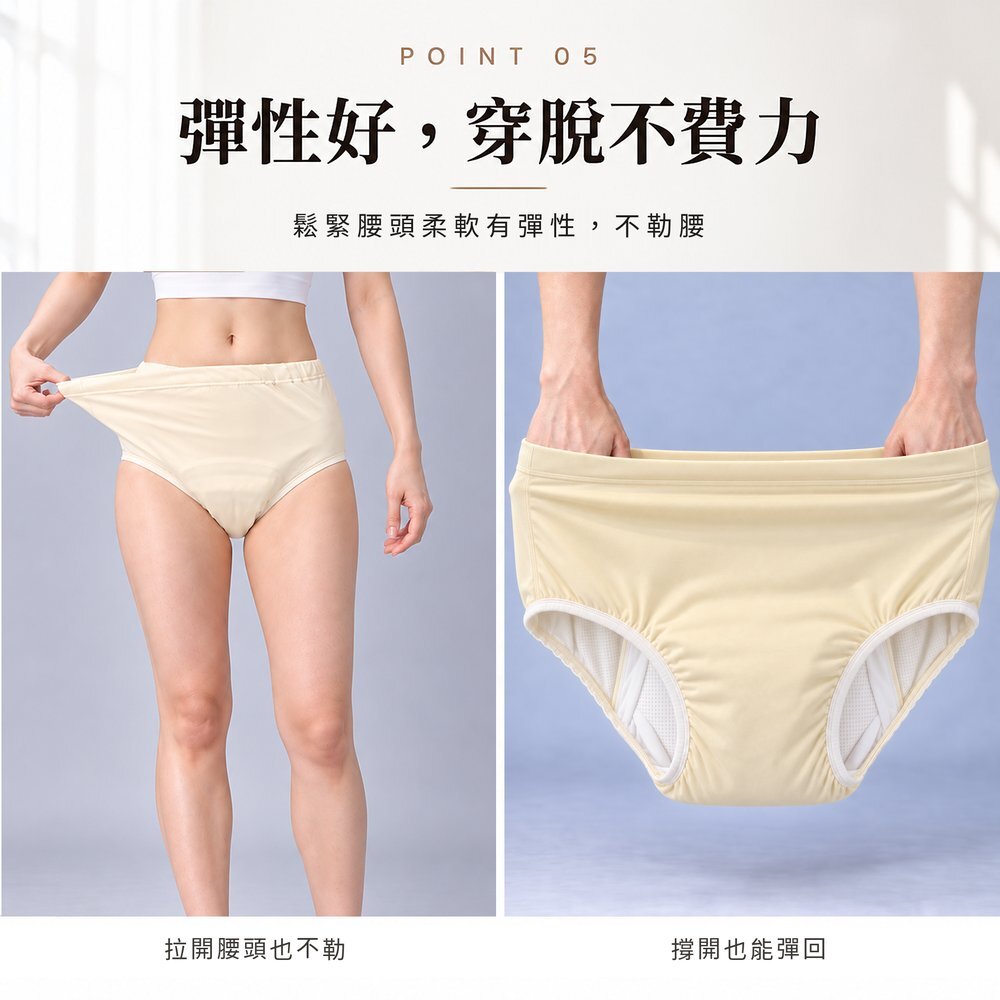 女性拉開防漏尿內褲腰頭示範彈性，鬆緊腰頭柔軟不勒腰；右圖為內褲撐開也能彈回，長輩自己穿脫也輕鬆。