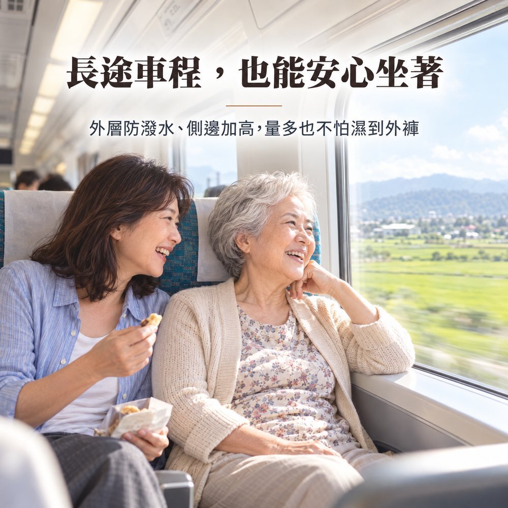 女兒與年長母親搭火車旅行開心聊天，300cc 防漏尿內褲外層防潑水、側邊加高，量多也不怕濕到外褲。