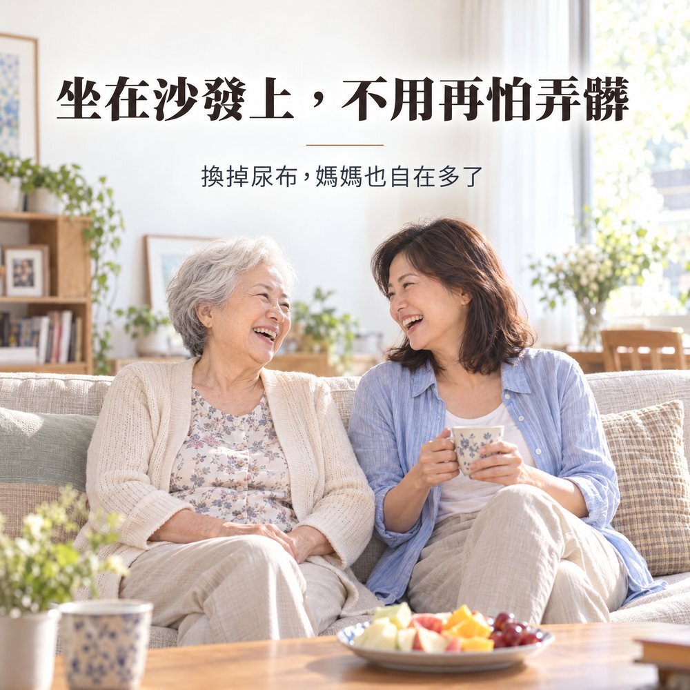 年長母親與女兒在客廳沙發上喝茶大笑，換掉尿布改穿 300cc 防漏尿內褲，媽媽也自在多了。