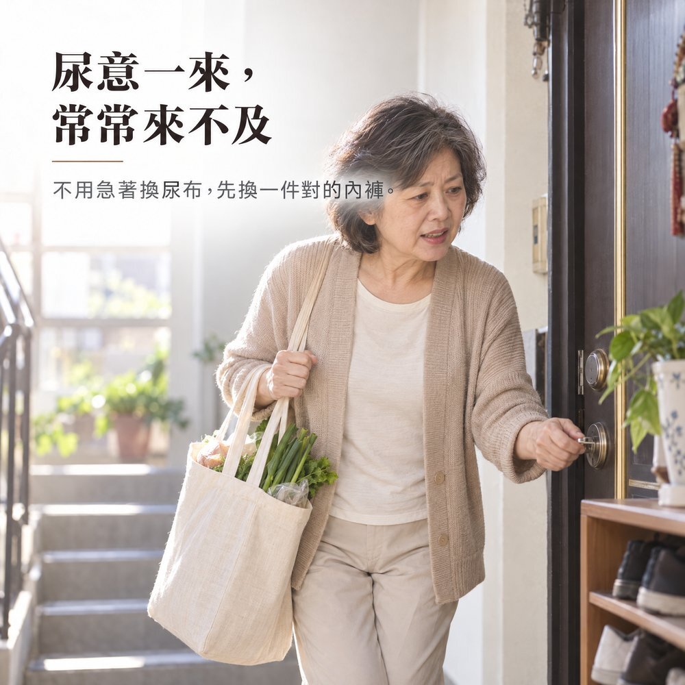 尿意一來,常常來不及 熟齡女性提著菜回家急著開門,尿意一來常常來不及走到廁所,不用急著換尿布,先換一件對的內褲:IOHS 十分幸福 150cc 女用防漏尿內褲。