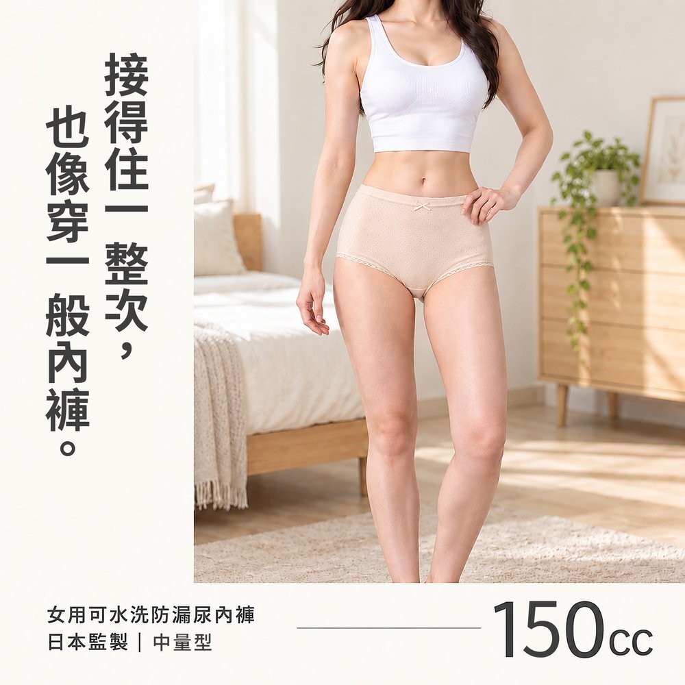 接得住一整次,也像穿一般內褲 女性模特兒穿白色背心與裸膚色 150cc 女用可水洗防漏尿內褲站在臥室,外觀就像一般三角內褲。日本監製中量型,吸水量約 150cc。