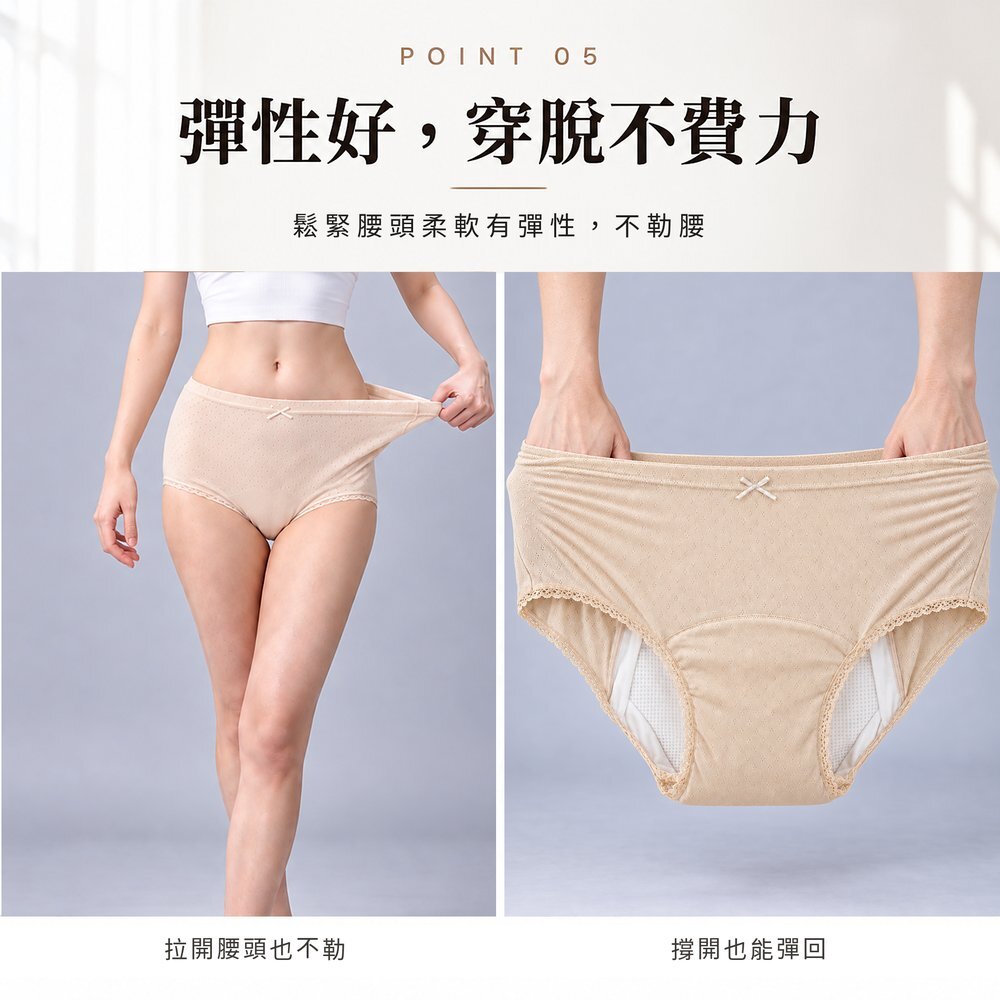 彈性好,穿脫不費力 女性拉開防漏尿內褲腰頭示範彈性,鬆緊腰頭柔軟有彈性不勒腰;右圖為內褲撐開也能彈回。