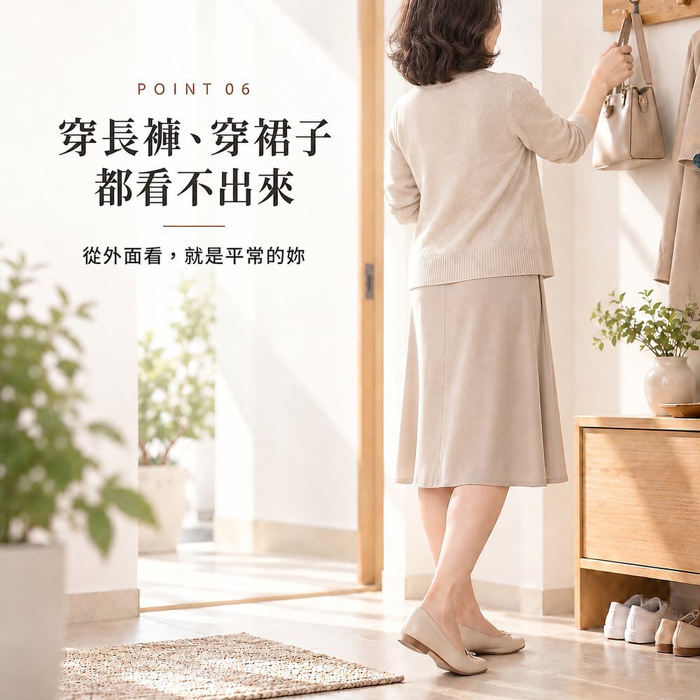 穿長褲、穿裙子,都看不出來 熟齡女性穿裙子在玄關準備出門,穿著 150cc 防漏尿內褲從外面看不出來,就是平常的自己。