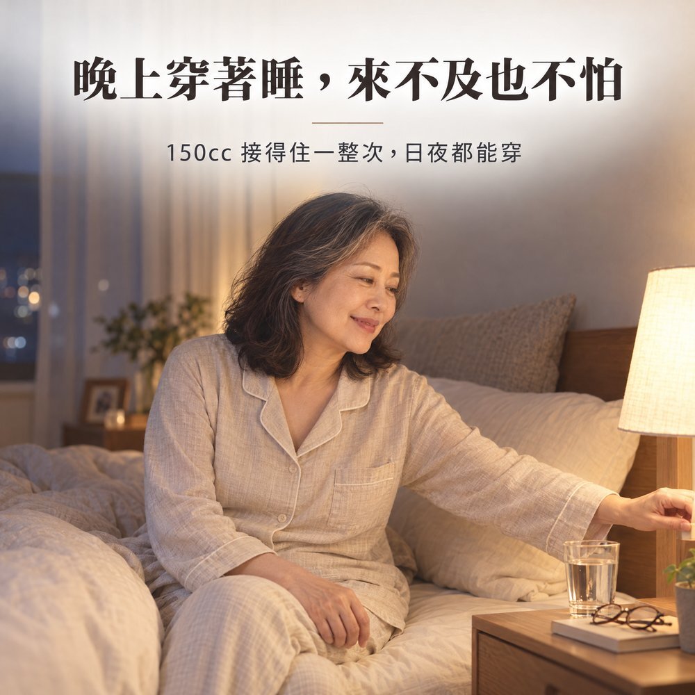 晚上穿著睡,來不及也不怕 熟齡女性穿睡衣坐在床邊關燈準備睡覺,150cc 防漏尿內褲接得住一整次,日夜都能穿。