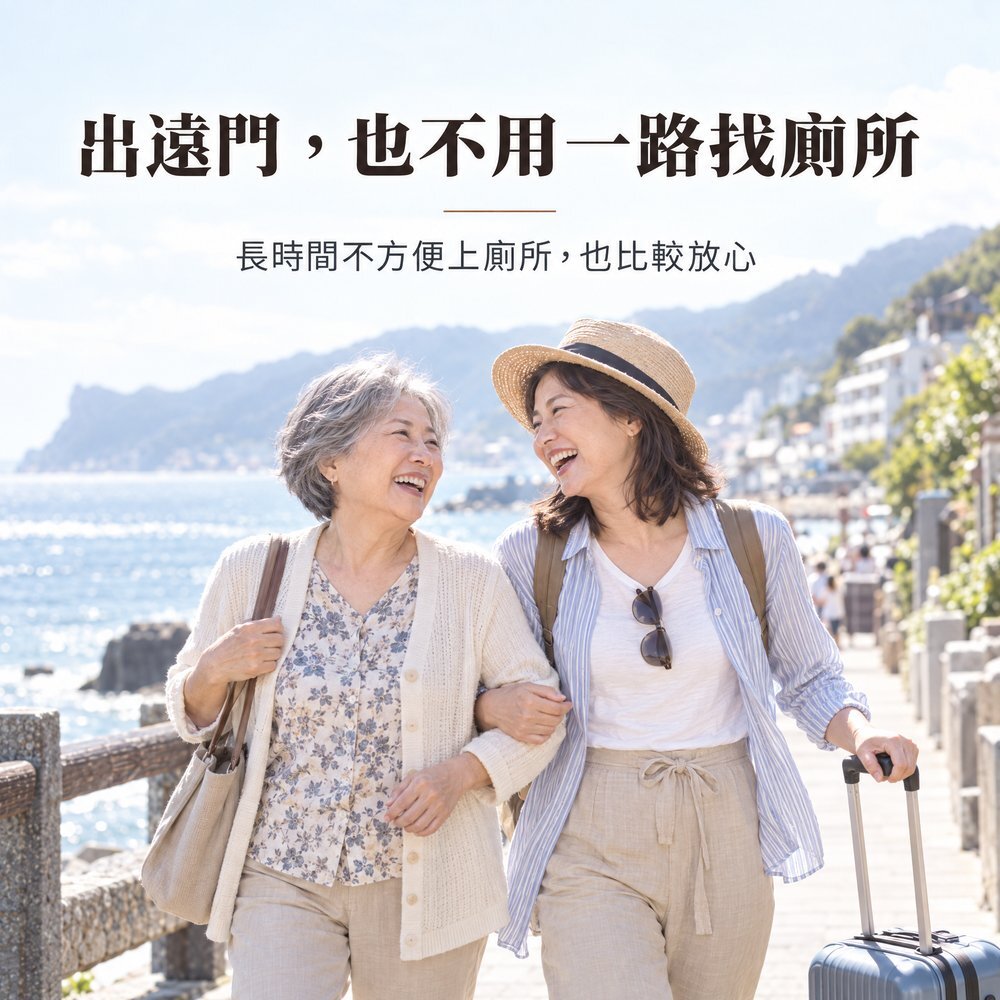 出遠門,也不用一路找廁所 母女拉著行李箱在海邊旅行散步,長時間不方便上廁所時穿 150cc 防漏尿內褲比較放心。