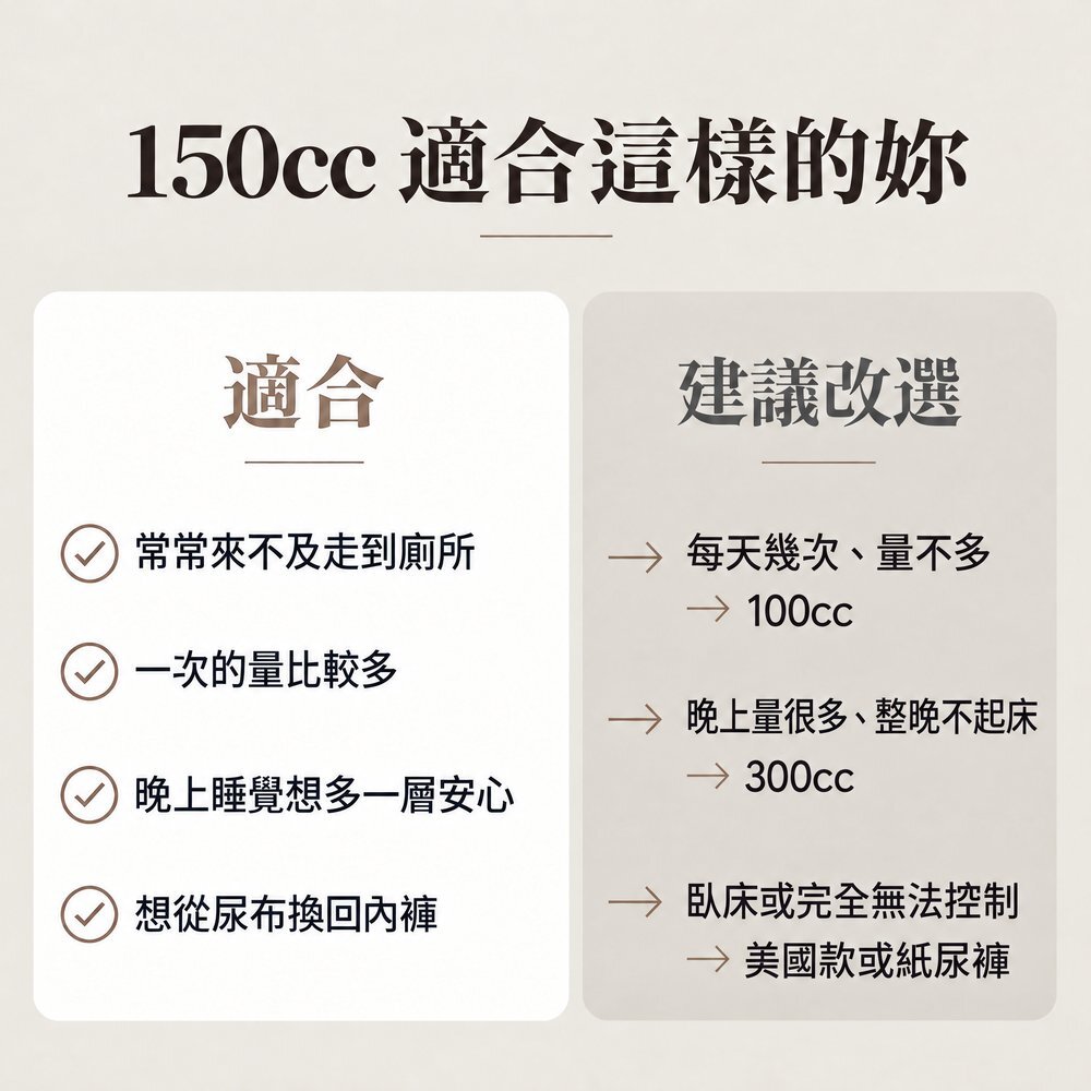 150cc 適合這樣的妳 150cc 女用防漏尿內褲適合:常常來不及走到廁所、一次的量比較多、晚上睡覺想多一層安心、想從尿布換回內褲;每天幾次量不多可改選 100cc,晚上量很多選 300cc,臥床或完全無法控制選美國款或紙尿褲。
