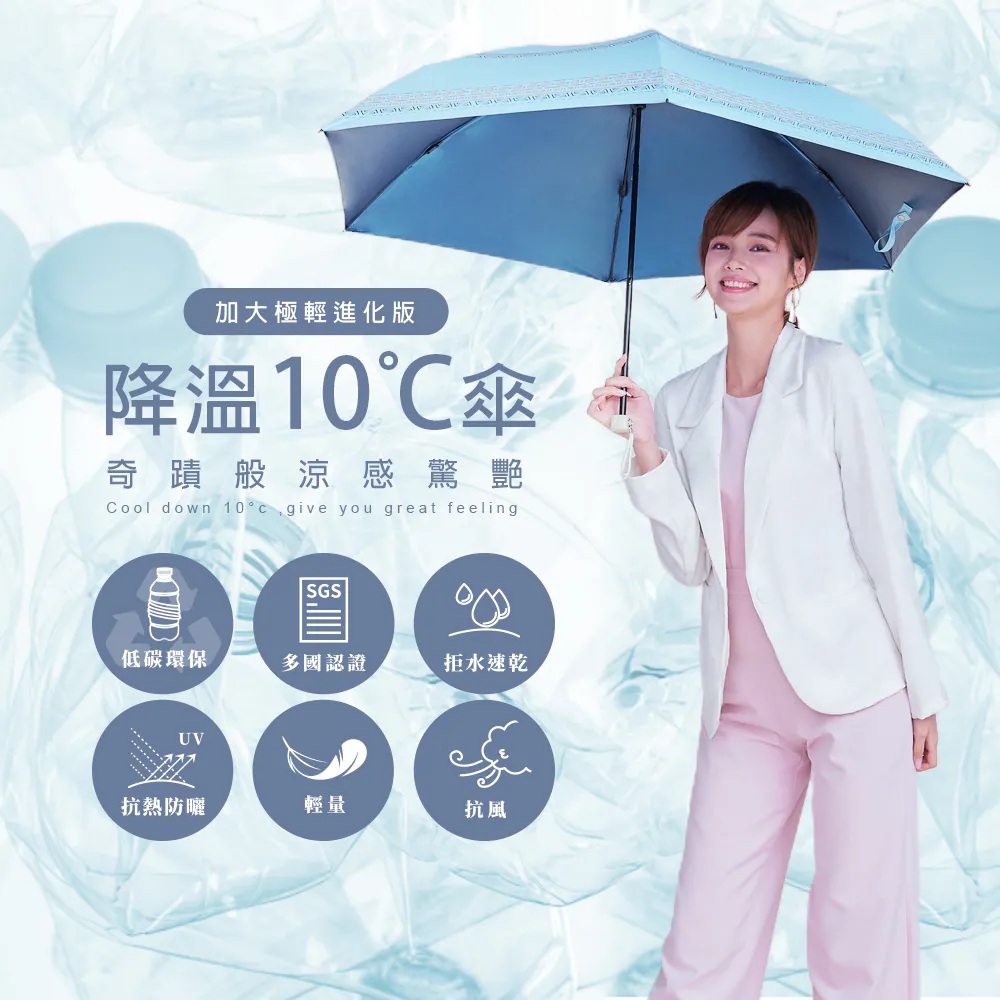 加大極輕進化版 降溫10°C傘 奇蹟般涼感驚艷 Cool down 10°C, give you great feeling 6大特點:低碳環保、多國認證、拒水速乾、抗熱防曬、輕量、抗風